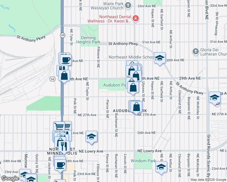 map of restaurants, bars, coffee shops, grocery stores, and more near in Minneapolis