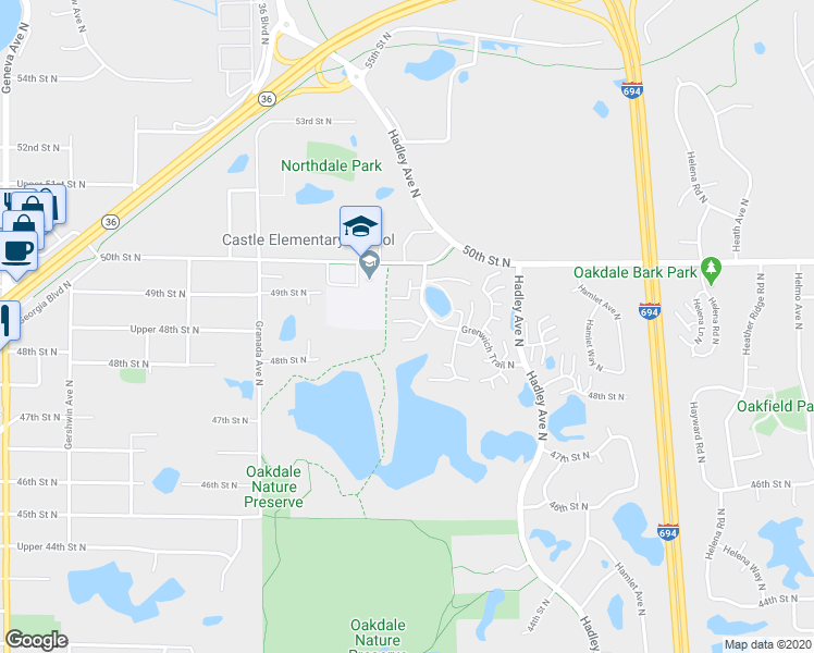 map of restaurants, bars, coffee shops, grocery stores, and more near 4898 Grenwich Trail North in Oakdale