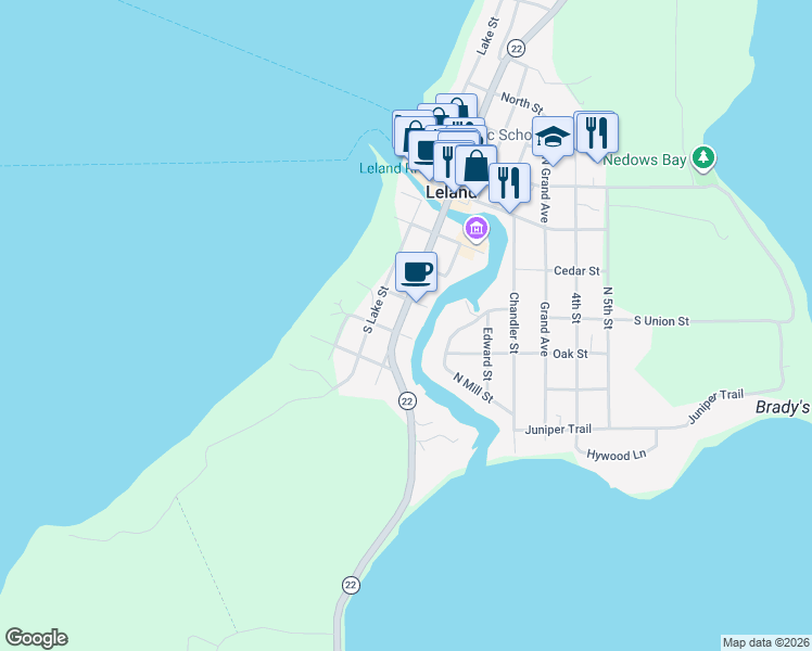 map of restaurants, bars, coffee shops, grocery stores, and more near 400-498 S Main St in Leelanau