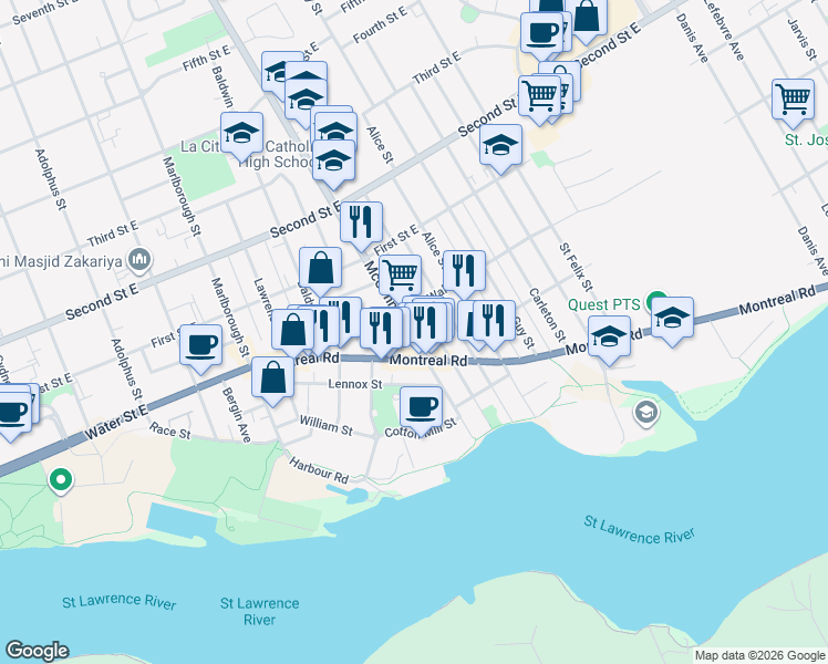 map of restaurants, bars, coffee shops, grocery stores, and more near 218 McConnell Avenue in Cornwall