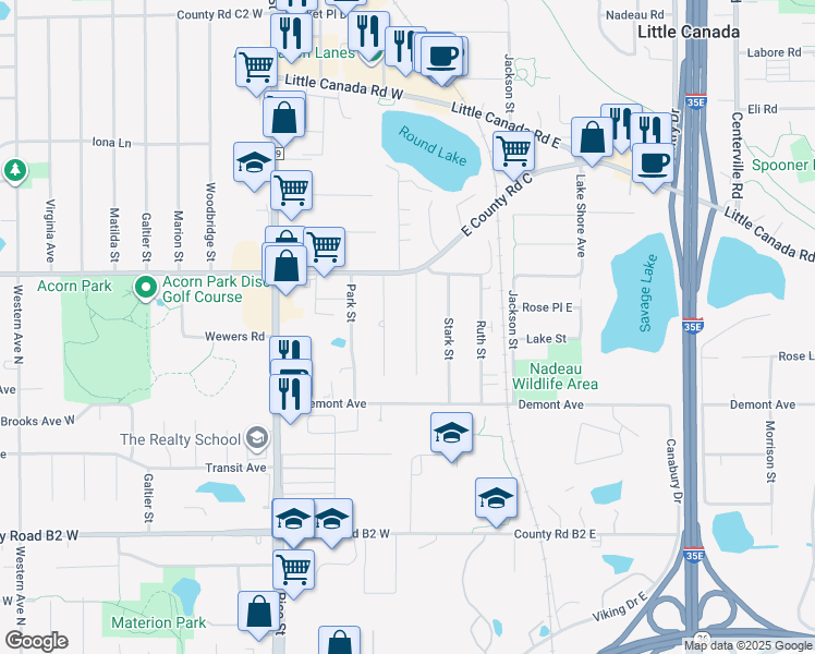 map of restaurants, bars, coffee shops, grocery stores, and more near 2590 Sylvan Street in Little Canada