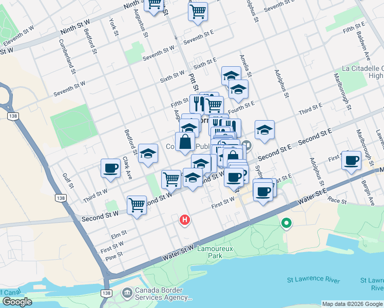 map of restaurants, bars, coffee shops, grocery stores, and more near 101 Third Street West in Cornwall