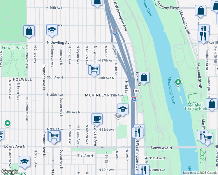 map of restaurants, bars, coffee shops, grocery stores, and more near 3534 North 6th Street in Minneapolis