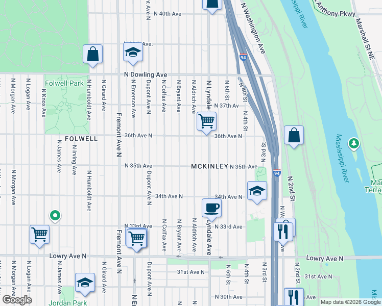 map of restaurants, bars, coffee shops, grocery stores, and more near 3533 North Aldrich Avenue in Minneapolis