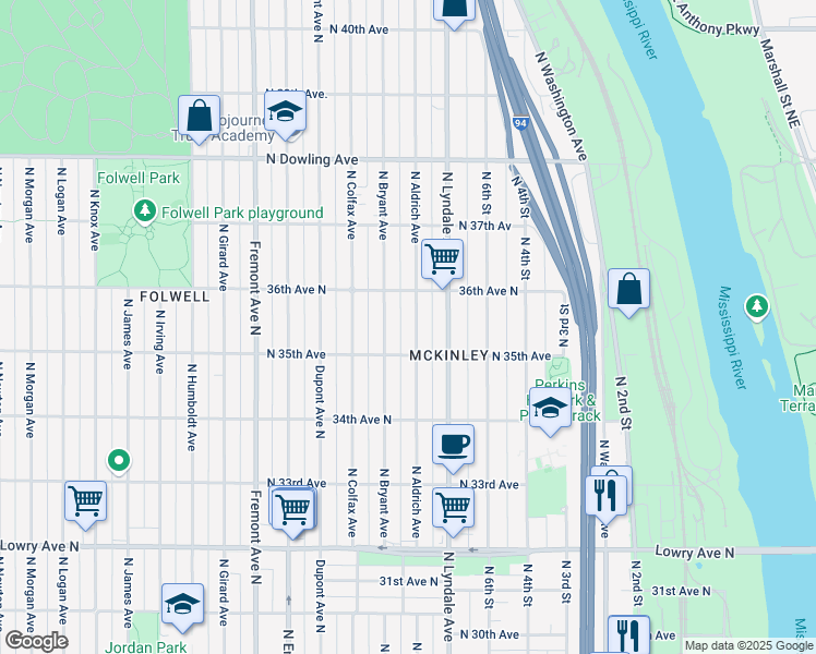 map of restaurants, bars, coffee shops, grocery stores, and more near 3533 North Aldrich Avenue in Minneapolis