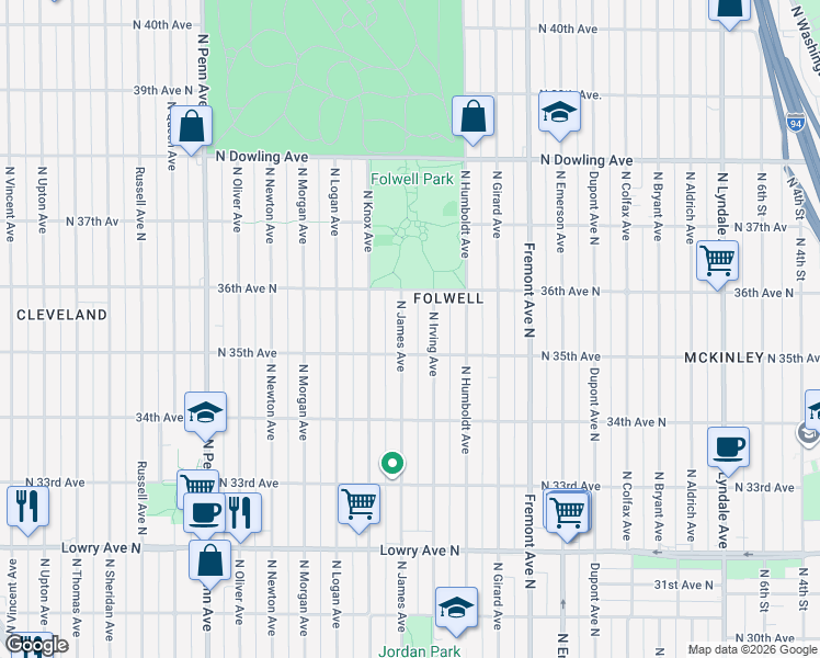 map of restaurants, bars, coffee shops, grocery stores, and more near 3531 North Irving Avenue in Minneapolis