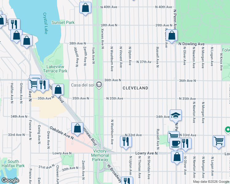 map of restaurants, bars, coffee shops, grocery stores, and more near 3523 North Vincent Avenue in Minneapolis