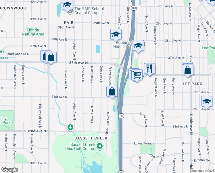 map of restaurants, bars, coffee shops, grocery stores, and more near 3443 Welcome Avenue North in Minneapolis