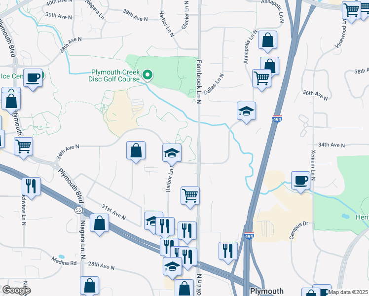 map of restaurants, bars, coffee shops, grocery stores, and more near 14300 34th Avenue North in Plymouth