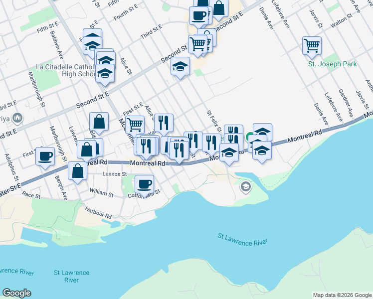 map of restaurants, bars, coffee shops, grocery stores, and more near 118 Guy Street in Cornwall