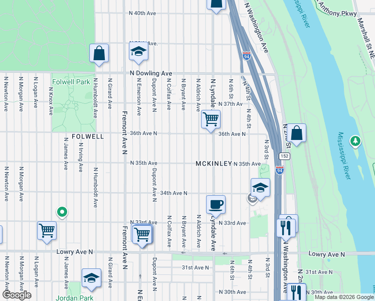 map of restaurants, bars, coffee shops, grocery stores, and more near 3531 North Bryant Avenue in Minneapolis