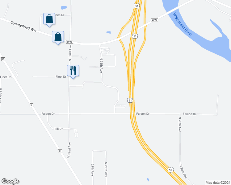 map of restaurants, bars, coffee shops, grocery stores, and more near 5167 North 28th Avenue in Wausau