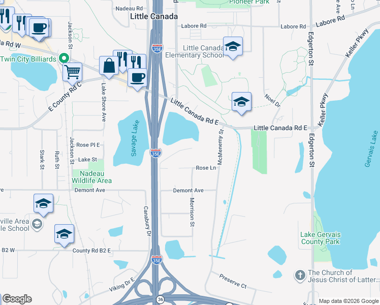 map of restaurants, bars, coffee shops, grocery stores, and more near 330 Savage Lane in Little Canada