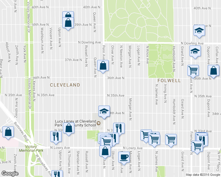 map of restaurants, bars, coffee shops, grocery stores, and more near 3523 North Oliver Avenue in Minneapolis