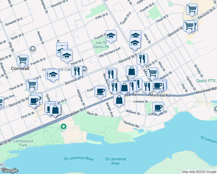 map of restaurants, bars, coffee shops, grocery stores, and more near in Cornwall