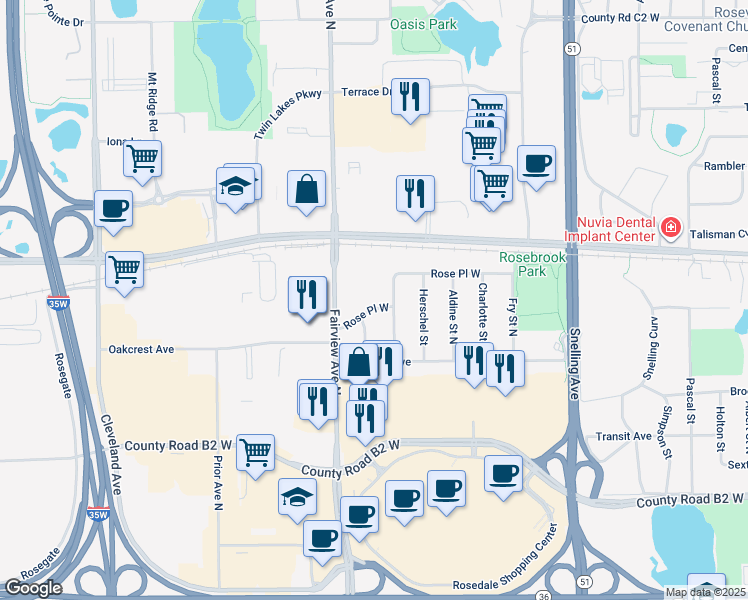 map of restaurants, bars, coffee shops, grocery stores, and more near 1779 Rose Place in Roseville