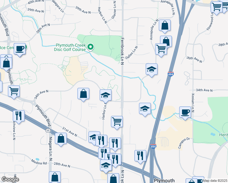 map of restaurants, bars, coffee shops, grocery stores, and more near 14300 34th Avenue North in Plymouth