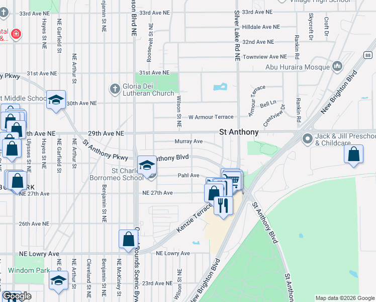 map of restaurants, bars, coffee shops, grocery stores, and more near 2615 Saint Anthony Boulevard in Minneapolis