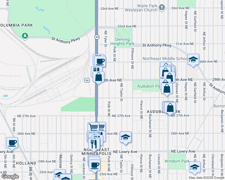 map of restaurants, bars, coffee shops, grocery stores, and more near 2833 Polk Street Northeast in Minneapolis