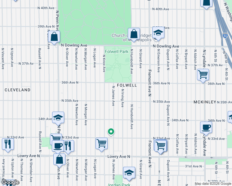 map of restaurants, bars, coffee shops, grocery stores, and more near 3531 North Irving Avenue in Minneapolis