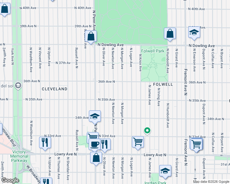 map of restaurants, bars, coffee shops, grocery stores, and more near 3531 North Newton Avenue in Minneapolis