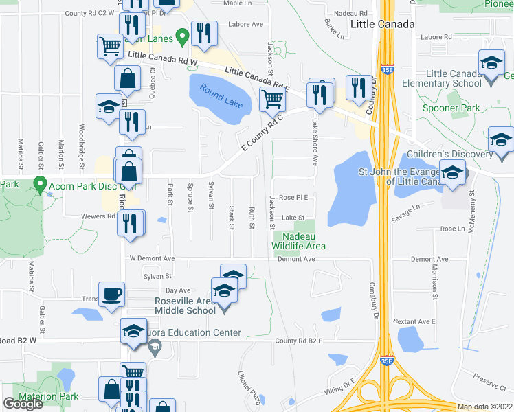 map of restaurants, bars, coffee shops, grocery stores, and more near 2590 Ruth Street in Little Canada