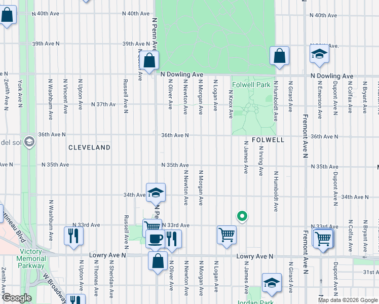 map of restaurants, bars, coffee shops, grocery stores, and more near 3531 North Newton Avenue in Minneapolis