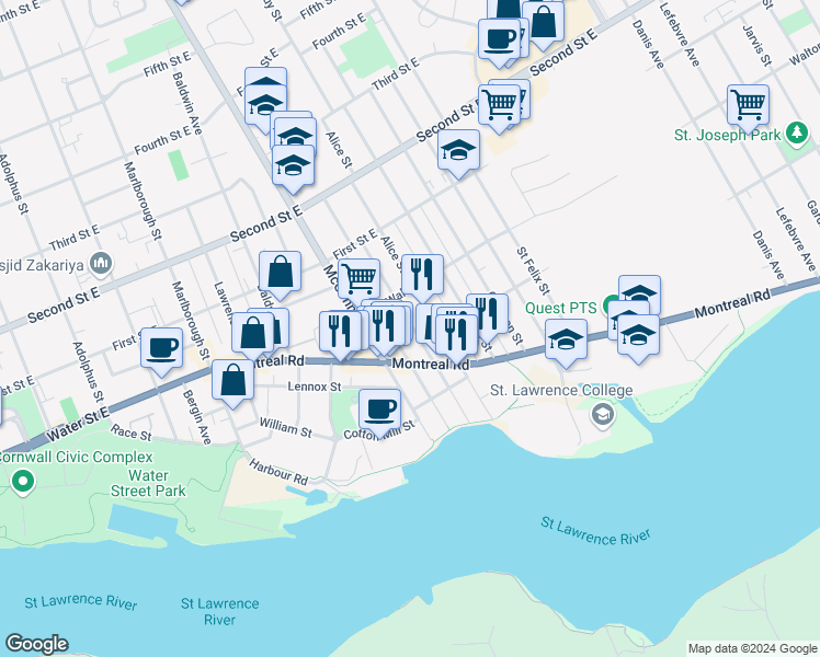 map of restaurants, bars, coffee shops, grocery stores, and more near 229 Louisa Street in Cornwall
