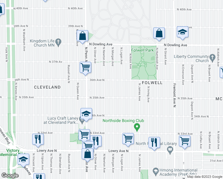 map of restaurants, bars, coffee shops, grocery stores, and more near 3527 North Morgan Avenue in Minneapolis