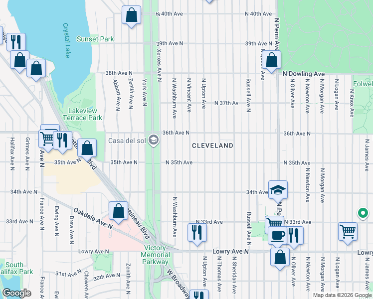 map of restaurants, bars, coffee shops, grocery stores, and more near 3523 North Vincent Avenue in Minneapolis