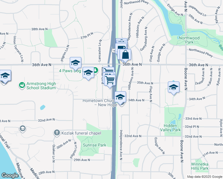 map of restaurants, bars, coffee shops, grocery stores, and more near U.S. 169 North Frontage Road in Plymouth