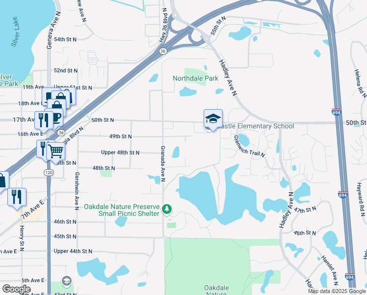 map of restaurants, bars, coffee shops, grocery stores, and more near 6593 49th Street North in Saint Paul