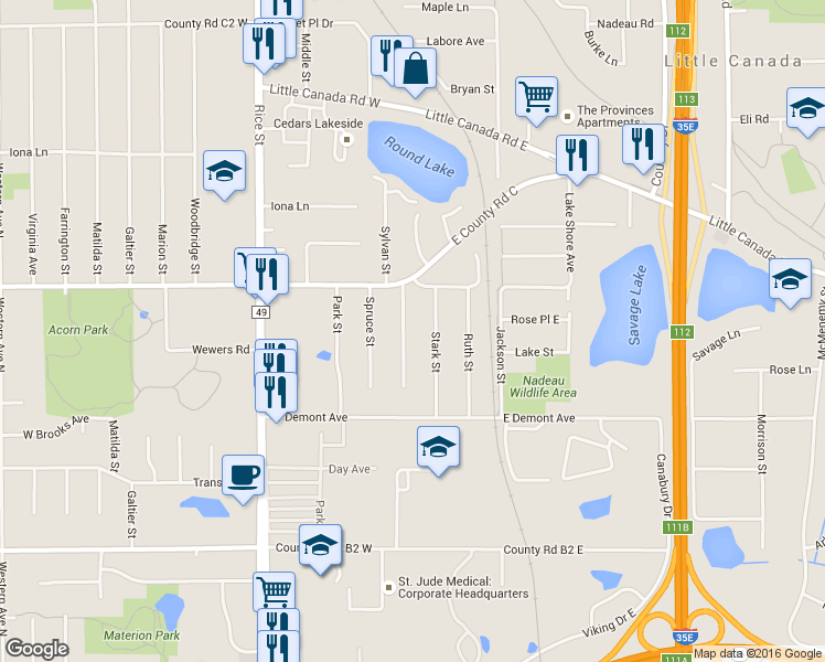 map of restaurants, bars, coffee shops, grocery stores, and more near 2590 Sylvan Street in Little Canada