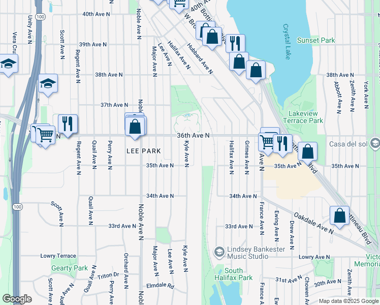 map of restaurants, bars, coffee shops, grocery stores, and more near 3524 Kyle Avenue North in Minneapolis