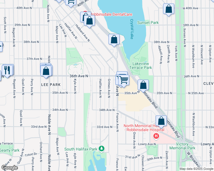 map of restaurants, bars, coffee shops, grocery stores, and more near 3527 Grimes Avenue North in Minneapolis