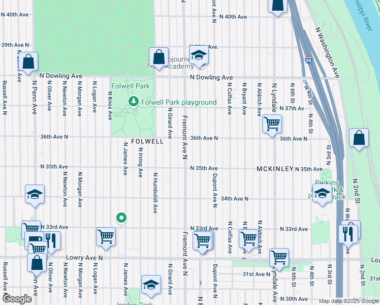 map of restaurants, bars, coffee shops, grocery stores, and more near 3534 North Fremont Avenue in Minneapolis