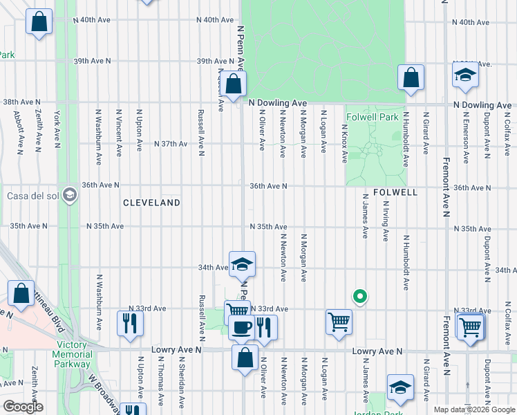 map of restaurants, bars, coffee shops, grocery stores, and more near 3531 North Oliver Avenue in Minneapolis