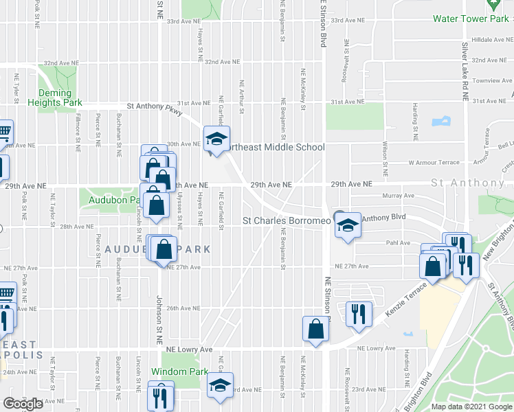 map of restaurants, bars, coffee shops, grocery stores, and more near 2066 Saint Anthony Parkway in Minneapolis