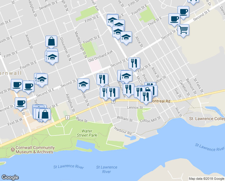 map of restaurants, bars, coffee shops, grocery stores, and more near 24 Lawrence Avenue in Cornwall