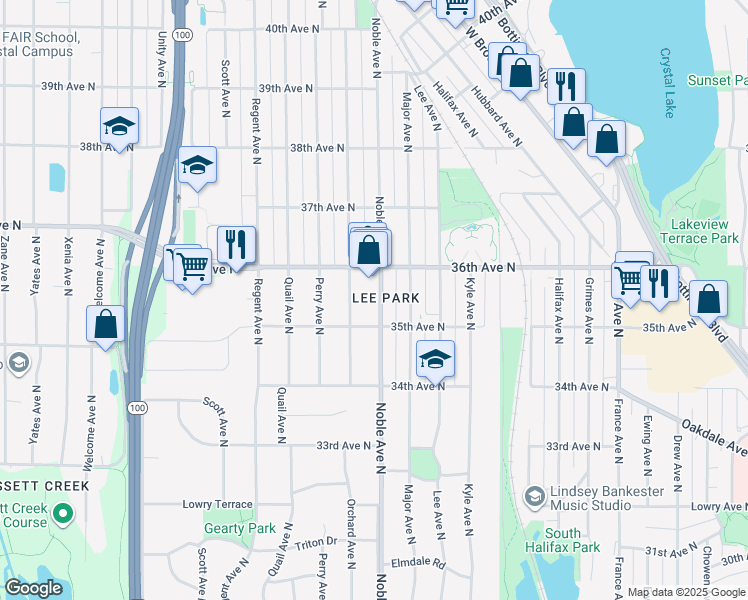 map of restaurants, bars, coffee shops, grocery stores, and more near 3525 Noble Avenue North in Minneapolis