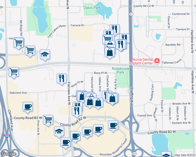 map of restaurants, bars, coffee shops, grocery stores, and more near 2605 Aldine Street North in Roseville