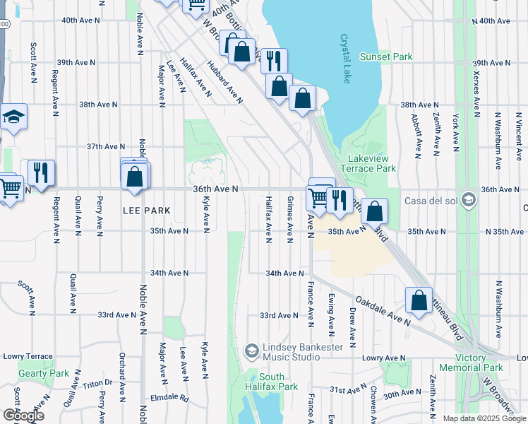 map of restaurants, bars, coffee shops, grocery stores, and more near 3525 Halifax Avenue North in Minneapolis