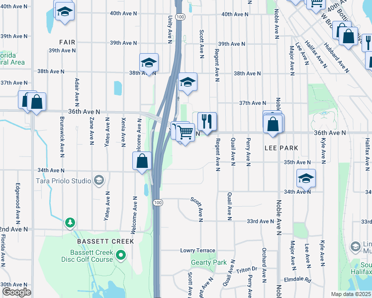 map of restaurants, bars, coffee shops, grocery stores, and more near 5301 North 36th Avenue in Crystal
