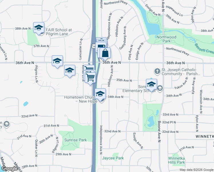 map of restaurants, bars, coffee shops, grocery stores, and more near 3433 35th Avenue North in New Hope
