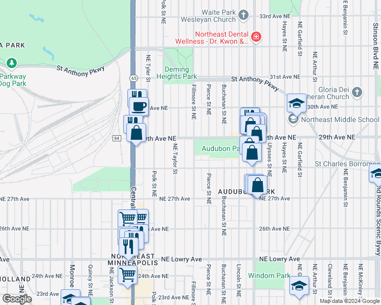 map of restaurants, bars, coffee shops, grocery stores, and more near 2826 Fillmore Street Northeast in Minneapolis