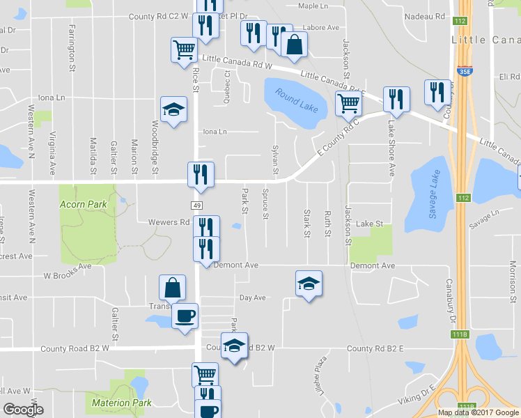 map of restaurants, bars, coffee shops, grocery stores, and more near 2603 Spruce Street in Little Canada