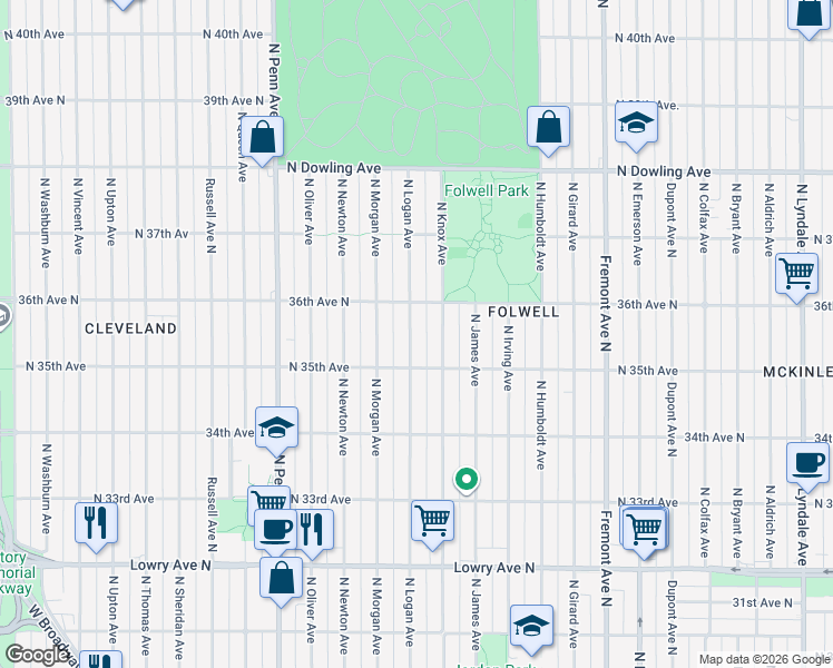 map of restaurants, bars, coffee shops, grocery stores, and more near 3530 North Logan Avenue in Minneapolis