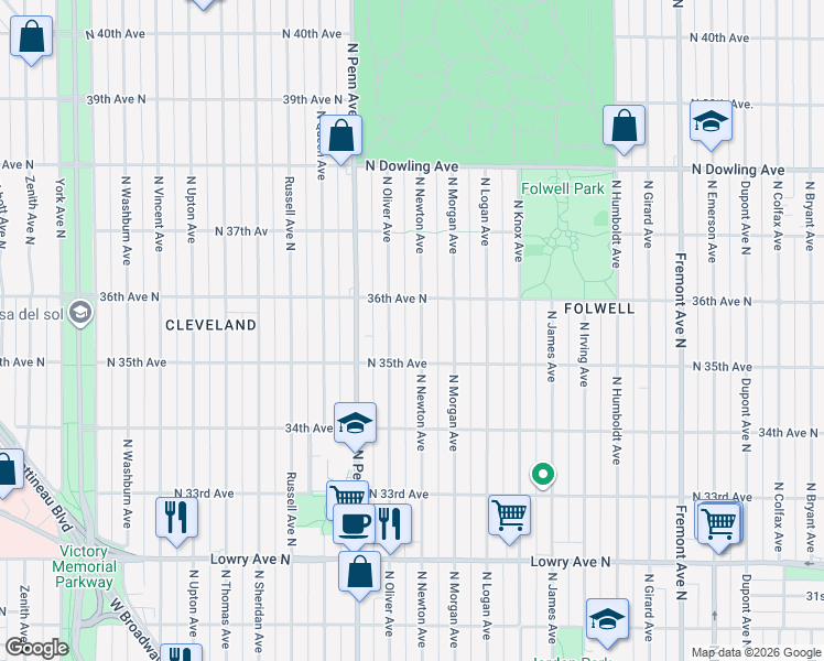 map of restaurants, bars, coffee shops, grocery stores, and more near 3531 North Newton Avenue in Minneapolis