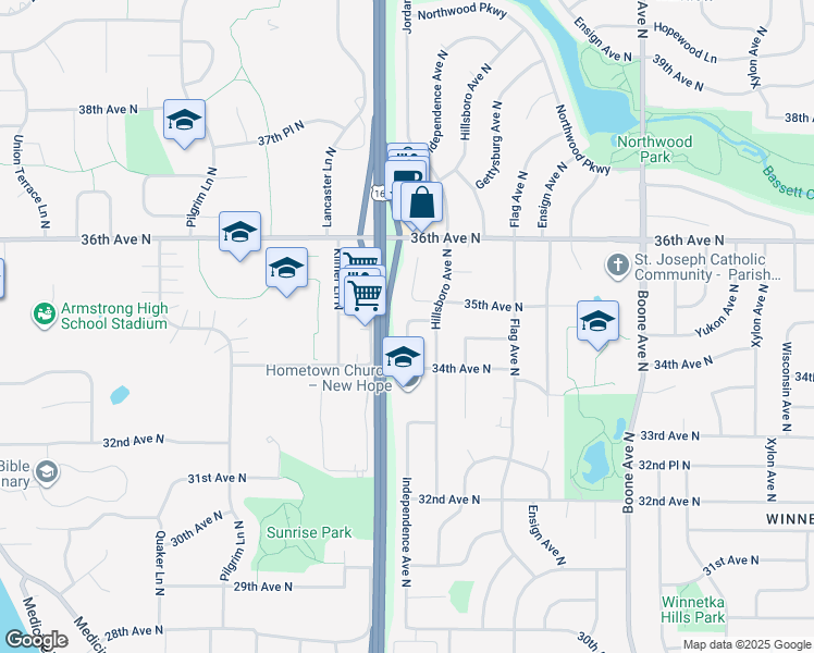 map of restaurants, bars, coffee shops, grocery stores, and more near 3525 Independence Avenue North in New Hope