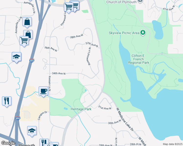 map of restaurants, bars, coffee shops, grocery stores, and more near 3415 Rosewood Lane North in Plymouth
